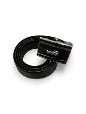 Black Leather Belt with Silver Crocodile Buckle